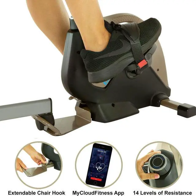 Main image of EXERPEUTIC Bluetooth Under Desk Exercise Bike with Extendable Chair Hook for All User Height and Free MycloudFitness APP, Gold, Black (7149) not EXERPEUTIC 900E Bluetooth Under Desk All User Height
