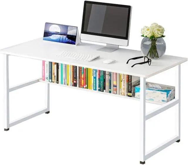 Main image of RICA-J Home Office Computer Desk with Bookshelf,43in Wood Computer Desk with Storage Shelves Modern Laptop Table Study Table Workstation for Home Office Furniture,Easy Assembly(White)