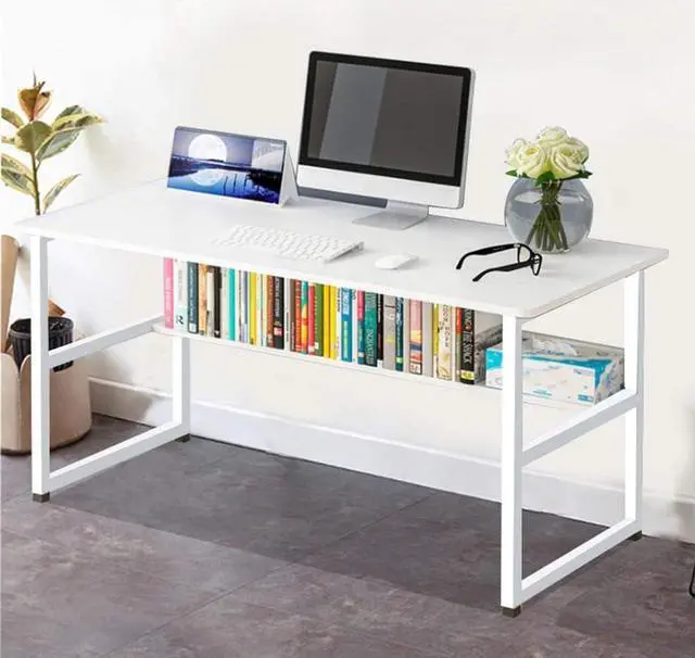 Alt view image 2 of 5 - RICA-J Home Office Computer Desk with Bookshelf,43in Wood Computer Desk with Storage Shelves Modern Laptop Table Study Table Workstation for Home Office Furniture,Easy Assembly(White)