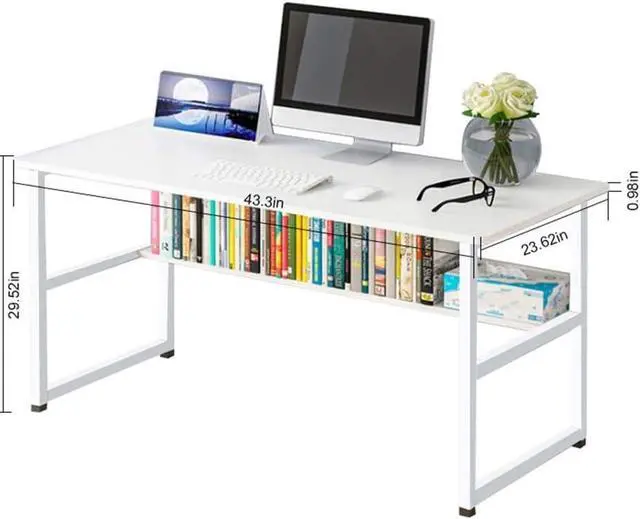 Alt view image 3 of 5 - RICA-J Home Office Computer Desk with Bookshelf,43in Wood Computer Desk with Storage Shelves Modern Laptop Table Study Table Workstation for Home Office Furniture,Easy Assembly(White)