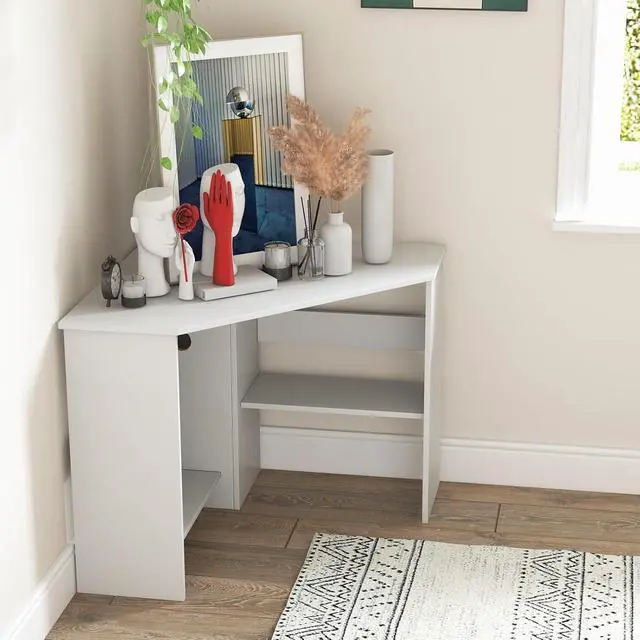 Alt view image 5 of 7 - GOFLAME Corner Desk with Storage Shelves, Triangular Computer Desk with Cable Management Holes, Laptop Workstation for Small Space, Makeup Vanity Desk for Living Room, Study, White