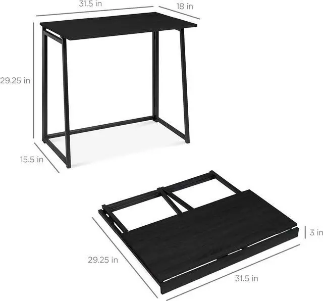 Alt view image 3 of 7 - Best Choice Products 31.5in Folding Drop Leaf Desk Table, Computer Workstation for Home Office w/Wood Table Top, Back Shelf, Portable, Space Saving - Black/Black