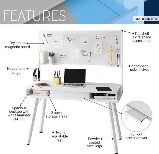 Alt view image 4 of 7 - Techni Mobili Study Computer Storage & Magnetic Dry Erase White Board Home Office Desk