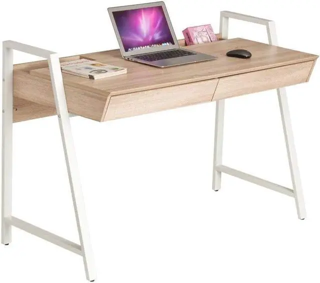 Main image of Dporticus Wooden Computer Desk with Drawers, 50 Small Modern Home Office Writing Desk, PC Laptop Work Table with Storage, White and Oak