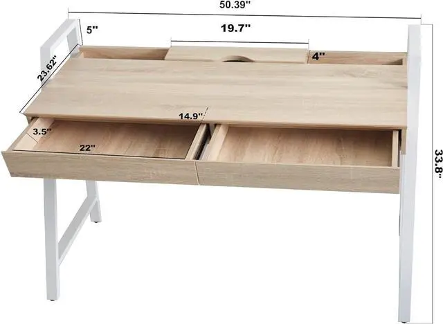 Alt view image 3 of 6 - Dporticus Wooden Computer Desk with Drawers, 50 Small Modern Home Office Writing Desk, PC Laptop Work Table with Storage, White and Oak