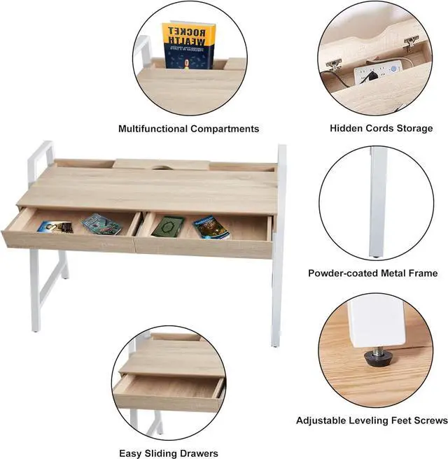 Alt view image 4 of 6 - Dporticus Wooden Computer Desk with Drawers, 50 Small Modern Home Office Writing Desk, PC Laptop Work Table with Storage, White and Oak