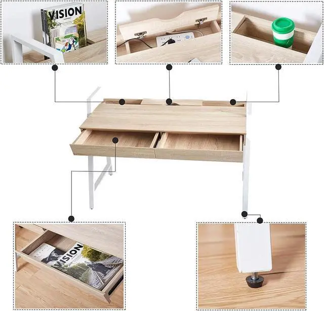 Alt view image 4 of 6 - Home Office Computer Desk, 50" Oak Wood Standing Table with 2 Drawers, Study Writing Desk Modern Simple Style Space Saving Design, Dressing Makeup Table