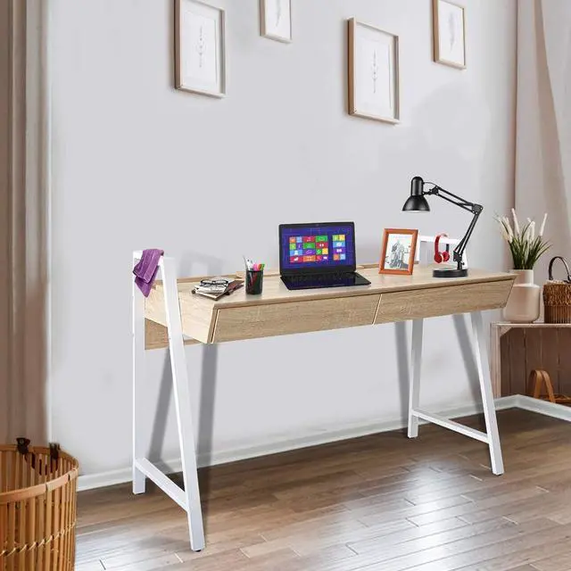 Alt view image 2 of 6 - Home Office Computer Desk, 50" Oak Wood Standing Table with 2 Drawers, Study Writing Desk Modern Simple Style Space Saving Design, Dressing Makeup Table