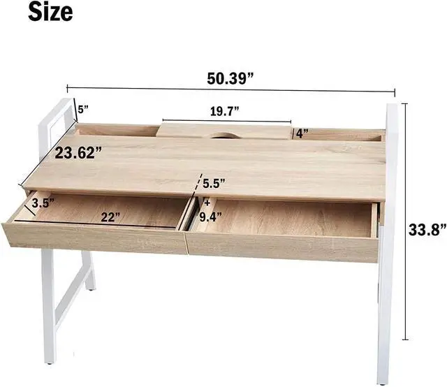 Alt view image 3 of 6 - Home Office Computer Desk, 50" Oak Wood Standing Table with 2 Drawers, Study Writing Desk Modern Simple Style Space Saving Design, Dressing Makeup Table