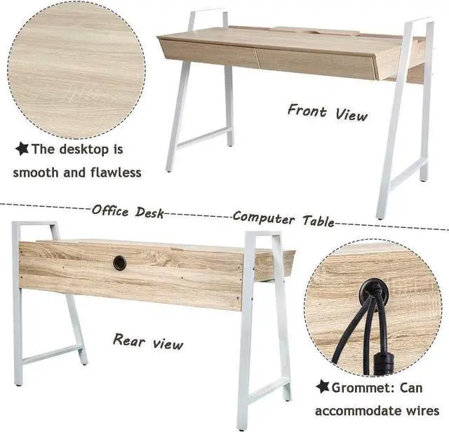 Alt view image 5 of 6 - Home Office Computer Desk, 50" Oak Wood Standing Table with 2 Drawers, Study Writing Desk Modern Simple Style Space Saving Design, Dressing Makeup Table