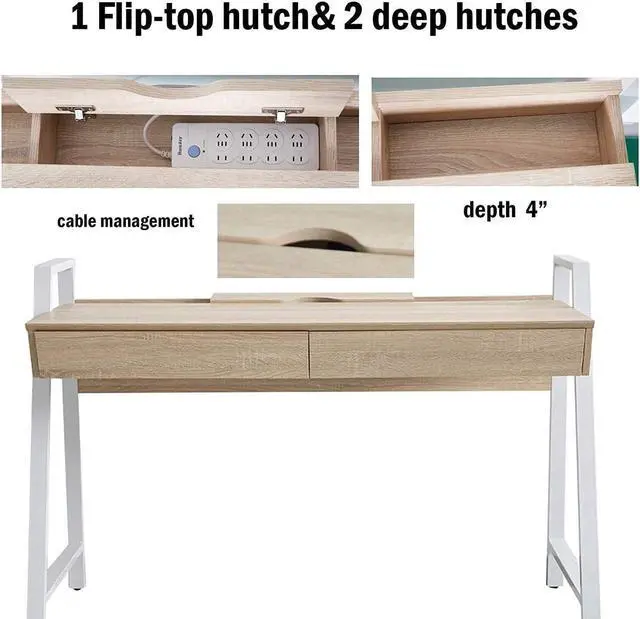 Alt view image 6 of 6 - Home Office Computer Desk, 50" Oak Wood Standing Table with 2 Drawers, Study Writing Desk Modern Simple Style Space Saving Design, Dressing Makeup Table