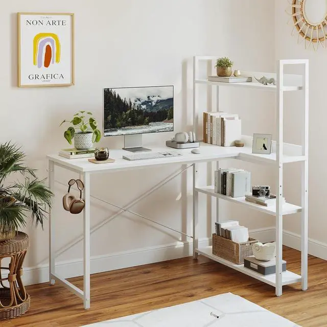 Alt view image 2 of 7 - CubiCubi Computer Corner Desk with Storage Shelves, 47 Inch L Shaped Desk with Bookshelf, Home Office Writing Desk with Hooks, Small L Study Table, Rustic Brown
