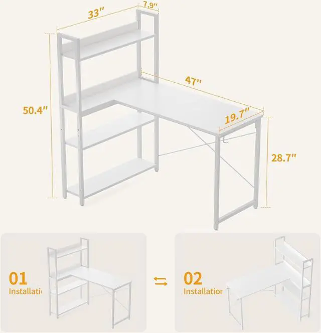 Alt view image 3 of 7 - CubiCubi Computer Corner Desk with Storage Shelves, 47 Inch L Shaped Desk with Bookshelf, Home Office Writing Desk with Hooks, Small L Study Table, Rustic Brown