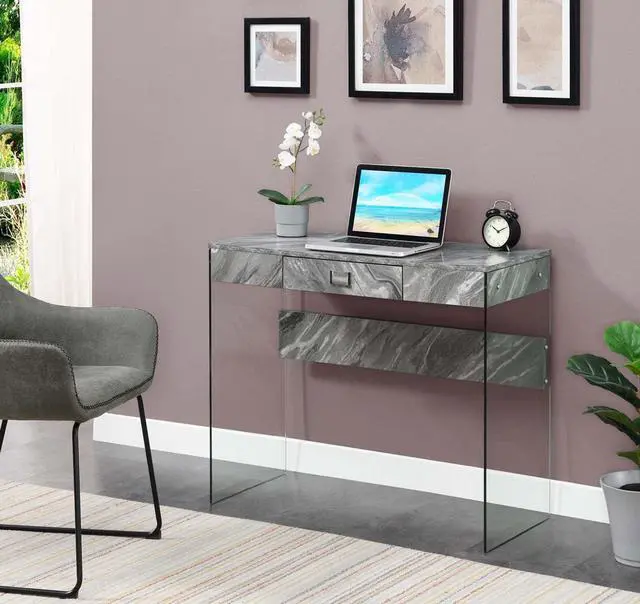 Alt view image 2 of 6 - Convenience Concepts SoHo 1 Drawer Glass 36 inch Desk, Gray Faux Marble/Glass