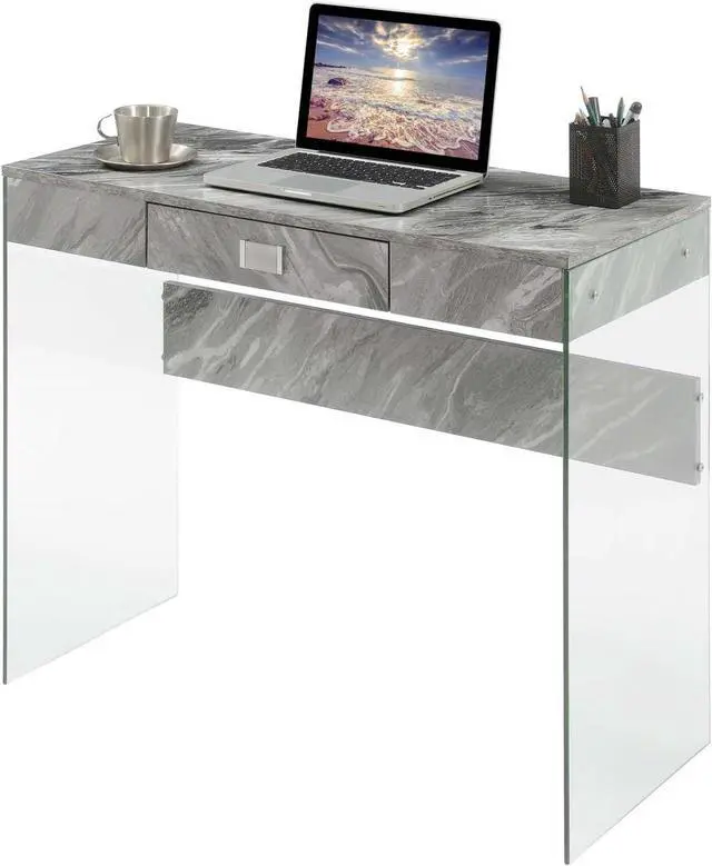 Alt view image 4 of 6 - Convenience Concepts SoHo 1 Drawer Glass 36 inch Desk, Gray Faux Marble/Glass