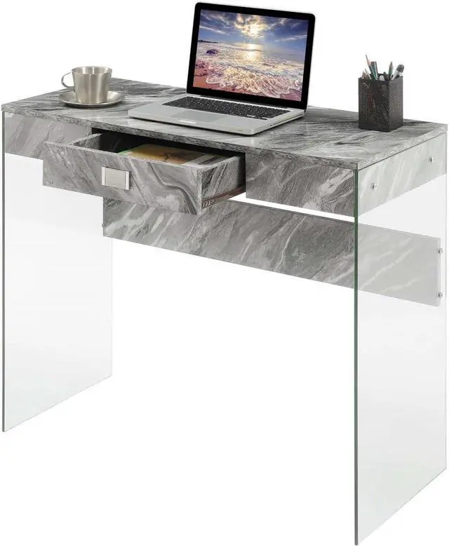 Alt view image 5 of 6 - Convenience Concepts SoHo 1 Drawer Glass 36 inch Desk, Gray Faux Marble/Glass