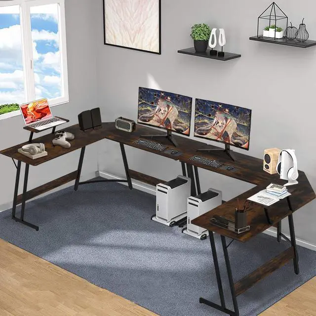 Alt view image 2 of 4 - NiamVelo L Shaped Gaming Desk with Large Desktop & Storage Space - Ideal for Studying, Working, and Gaming - Adjustable Feet & Optional Tray Table Installation (Brown)