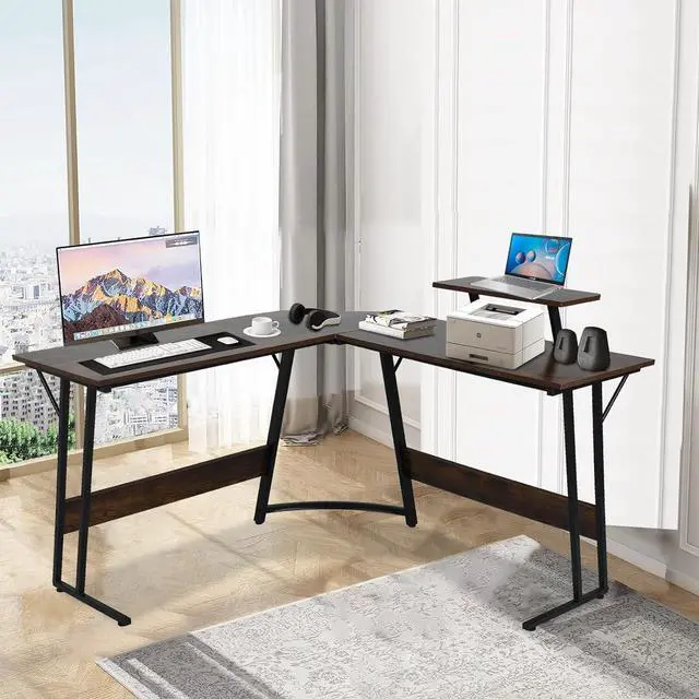 Alt view image 3 of 4 - NiamVelo L Shaped Gaming Desk with Large Desktop & Storage Space - Ideal for Studying, Working, and Gaming - Adjustable Feet & Optional Tray Table Installation (Brown)