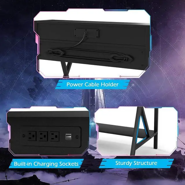 Alt view image 7 of 7 - Casart Gaming Desk 48'for Gamer, Gaming Computer Workstation with Cup & Headphone Holder, Socket of 3-Outlet & 2 USB Ports Multifunctional Writing Desk for Home and Office