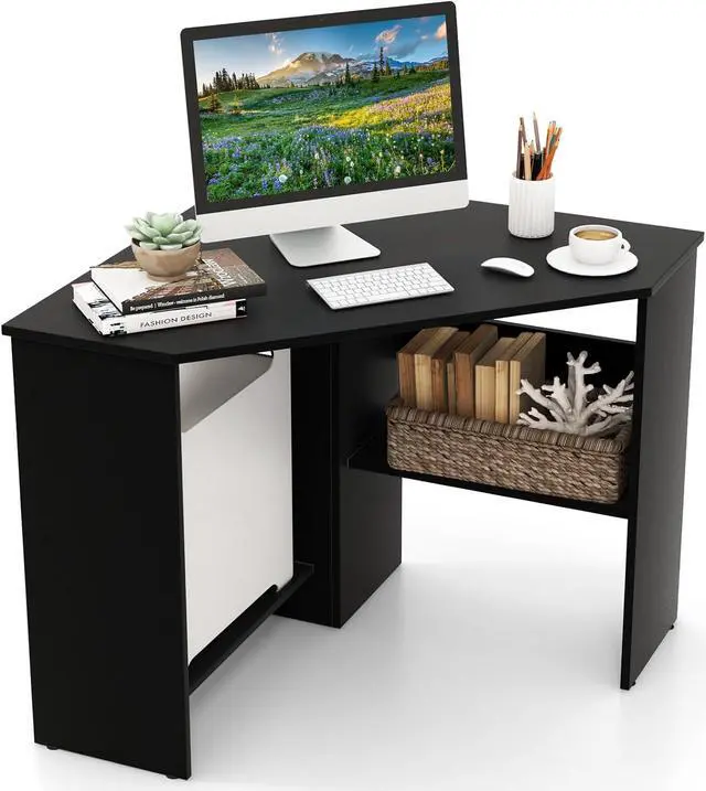 Main image of GOFLAME Corner Desk with Storage Shelves, Triangular Computer Desk with Cable Management Holes, Laptop Workstation for Small Space, Makeup Vanity Desk for Living Room, Study (Black)