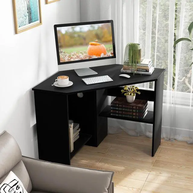 Alt view image 2 of 7 - GOFLAME Corner Desk with Storage Shelves, Triangular Computer Desk with Cable Management Holes, Laptop Workstation for Small Space, Makeup Vanity Desk for Living Room, Study (Black)