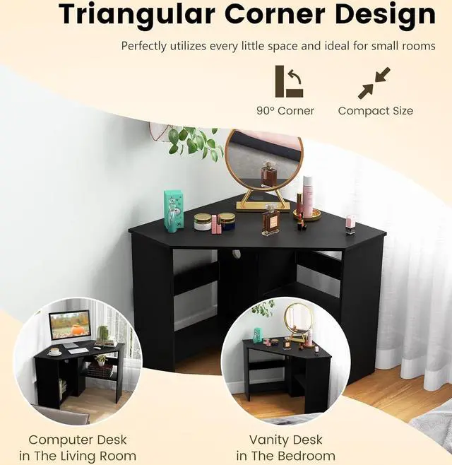 Alt view image 6 of 7 - GOFLAME Corner Desk with Storage Shelves, Triangular Computer Desk with Cable Management Holes, Laptop Workstation for Small Space, Makeup Vanity Desk for Living Room, Study (Black)