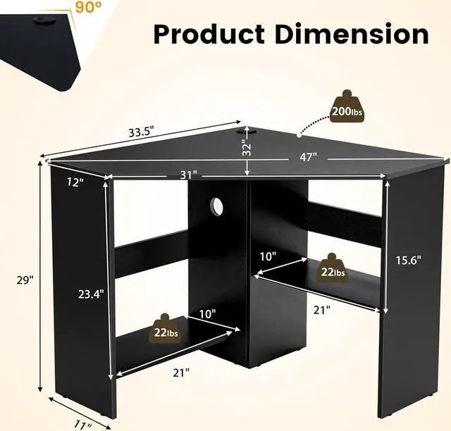 Alt view image 3 of 7 - GOFLAME Corner Desk with Storage Shelves, Triangular Computer Desk with Cable Management Holes, Laptop Workstation for Small Space, Makeup Vanity Desk for Living Room, Study (Black)