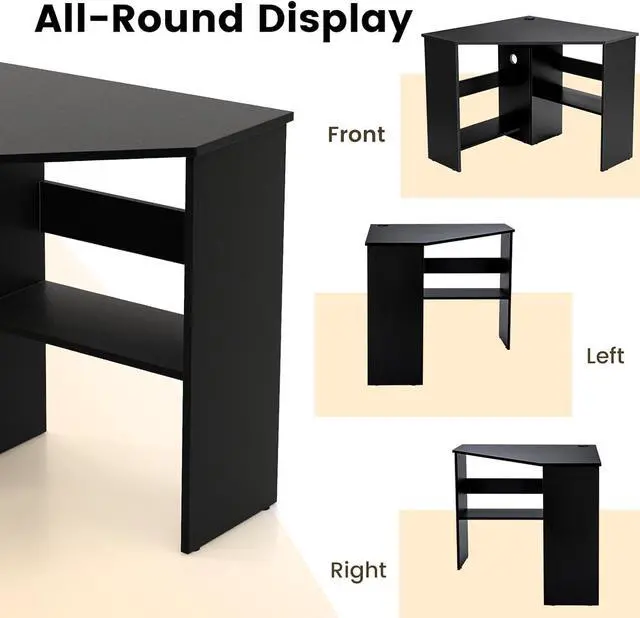 Alt view image 7 of 7 - GOFLAME Corner Desk with Storage Shelves, Triangular Computer Desk with Cable Management Holes, Laptop Workstation for Small Space, Makeup Vanity Desk for Living Room, Study (Black)