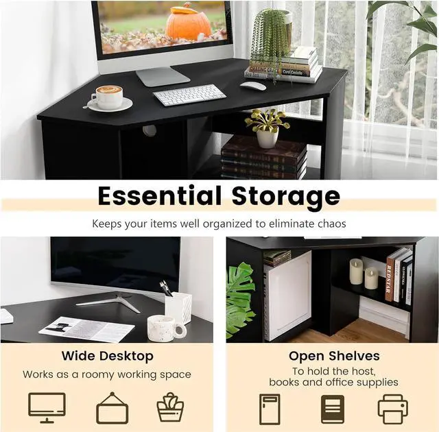 Alt view image 5 of 7 - GOFLAME Corner Desk with Storage Shelves, Triangular Computer Desk with Cable Management Holes, Laptop Workstation for Small Space, Makeup Vanity Desk for Living Room, Study (Black)