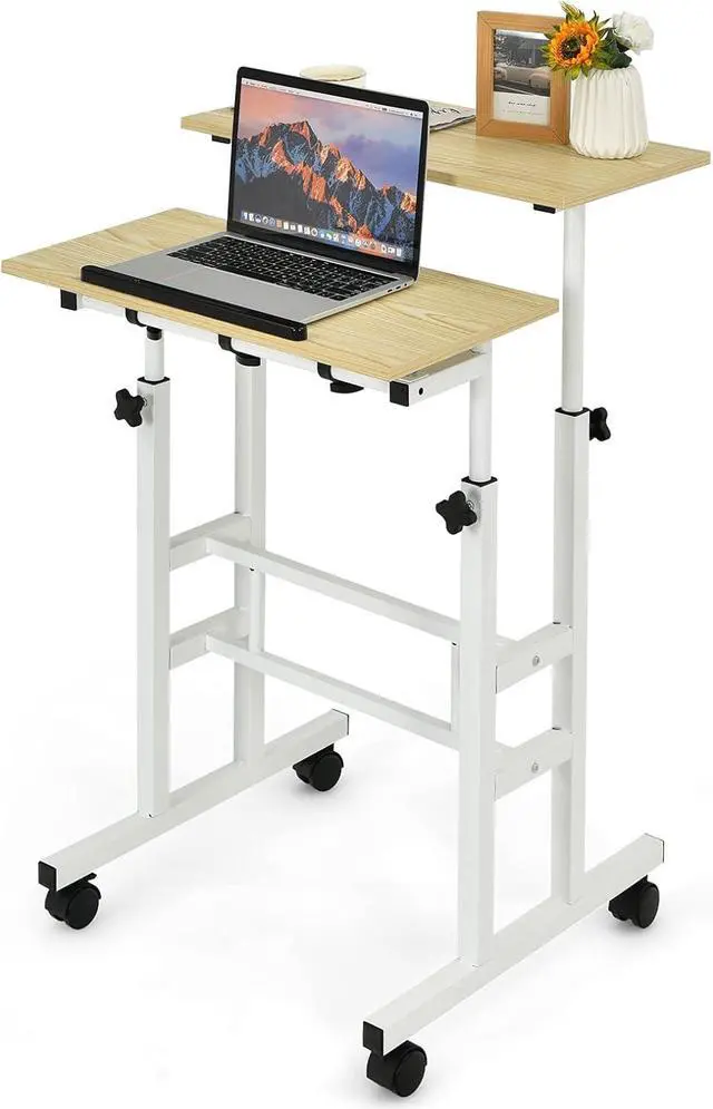 Main image of Tangkula Mobile Standing Desk Stand Up Desk, Height Adjustable Computer Desk with Standing & Seating 2 Modes, Tilting Tabletop & Flexible Wheels, Rolling Laptop Cart Sit Stand Desk