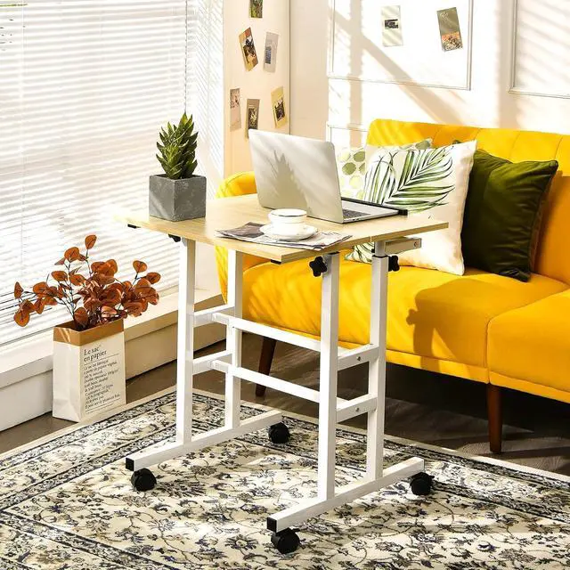 Alt view image 2 of 7 - Tangkula Mobile Standing Desk Stand Up Desk, Height Adjustable Computer Desk with Standing & Seating 2 Modes, Tilting Tabletop & Flexible Wheels, Rolling Laptop Cart Sit Stand Desk