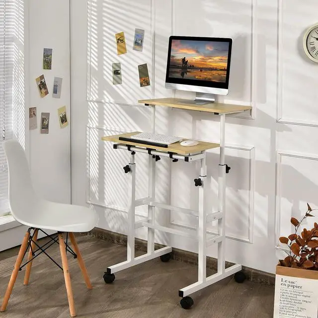 Alt view image 3 of 7 - Tangkula Mobile Standing Desk Stand Up Desk, Height Adjustable Computer Desk with Standing & Seating 2 Modes, Tilting Tabletop & Flexible Wheels, Rolling Laptop Cart Sit Stand Desk