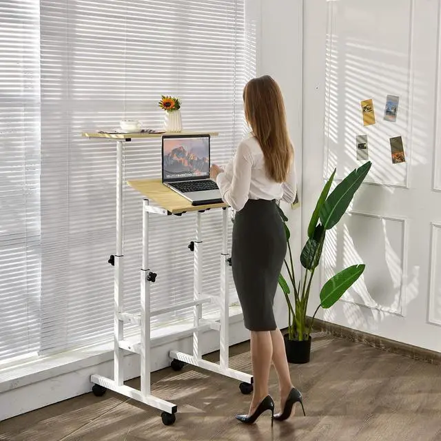 Alt view image 4 of 7 - Tangkula Mobile Standing Desk Stand Up Desk, Height Adjustable Computer Desk with Standing & Seating 2 Modes, Tilting Tabletop & Flexible Wheels, Rolling Laptop Cart Sit Stand Desk