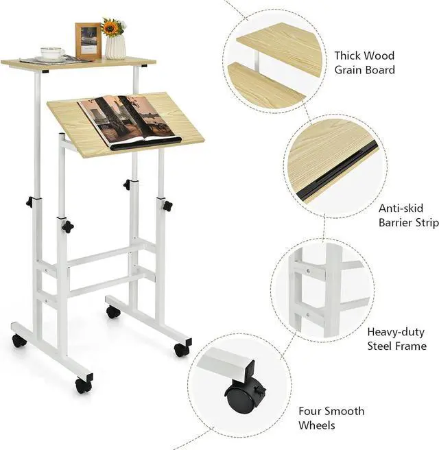 Alt view image 6 of 7 - Tangkula Mobile Standing Desk Stand Up Desk, Height Adjustable Computer Desk with Standing & Seating 2 Modes, Tilting Tabletop & Flexible Wheels, Rolling Laptop Cart Sit Stand Desk