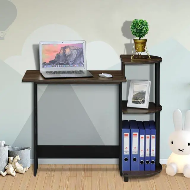 Alt view image 2 of 7 - Furinno Compact Computer Desk with Shelves, Round Side, Columbia Walnut/Black