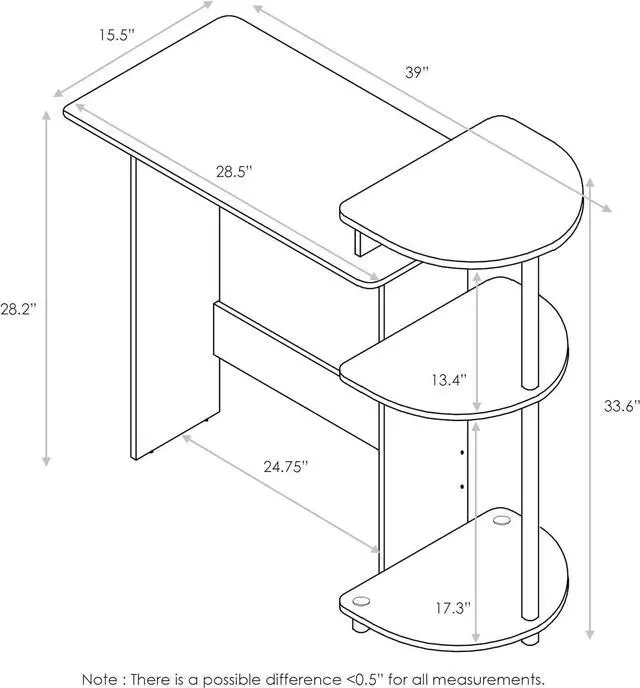 Alt view image 3 of 7 - Furinno Compact Computer Desk with Shelves, Round Side, Columbia Walnut/Black