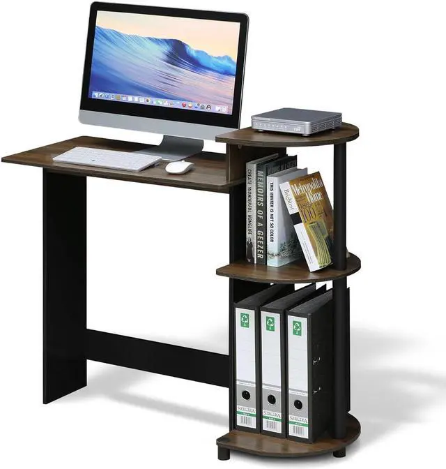 Alt view image 6 of 7 - Furinno Compact Computer Desk with Shelves, Round Side, Columbia Walnut/Black