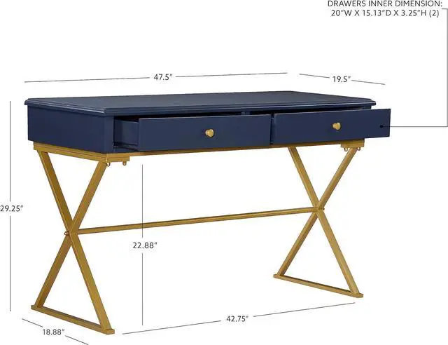 Alt view image 3 of 7 - Linon Campaign Desk Navy with Gold Legs, Blue