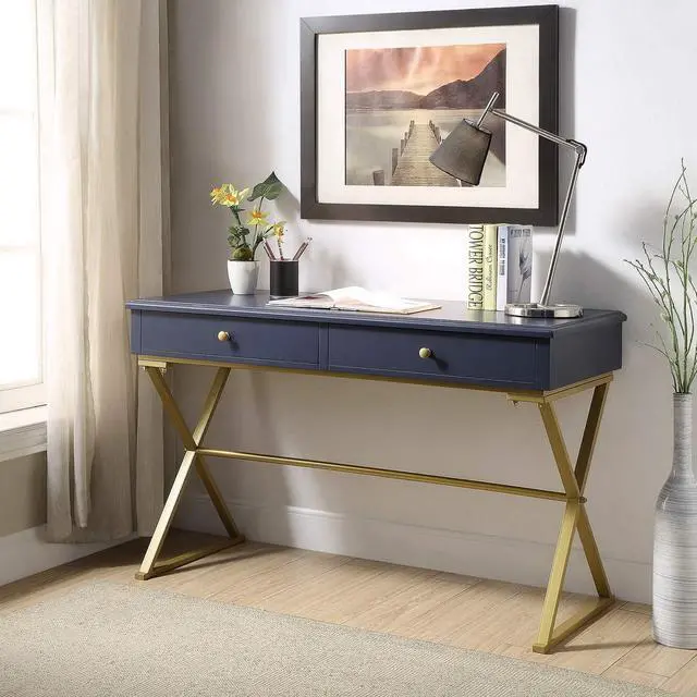 Alt view image 2 of 7 - Linon Campaign Desk Navy with Gold Legs, Blue