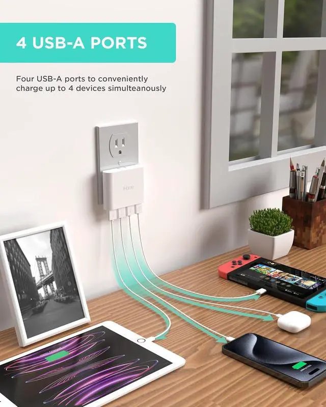 Alt view image 2 of 7 - Slim 4-Port USB Wall Charger AC Pro Multiport Plug Adapter Phone Charging Block with 4 Ports Flat USB Wall Adapter for Home & Travel