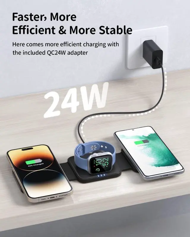 Alt view image 4 of 7 - JoyGeek 3-in-1 Wireless Charger for Magsafe: Magnetic Charging Pad for iPhone 15/14/13/12 Pro Max/Plus/Mini, Apple Watch Ultra 2/Series 9/8/7/6/5/4/3, AirPods Pro 3rd/2nd