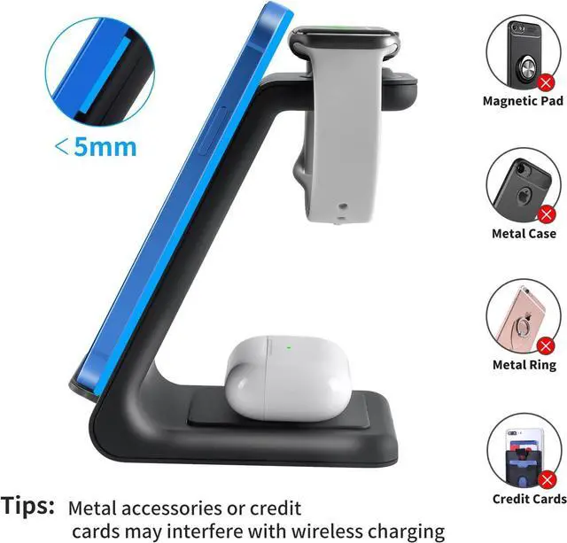 Alt view image 6 of 6 - Wireless Charger Stand Dock 3 in 1 Fast Qi Wireless Charging Station for Multiple Devices Apple Watch Ultra/8/7/6/SE/5/4/3/2,Airpods Pro 2,iPhone 15/15 Plus/15 Pro Max/14/13/12/11/X/Pixel 7/Pixel 6