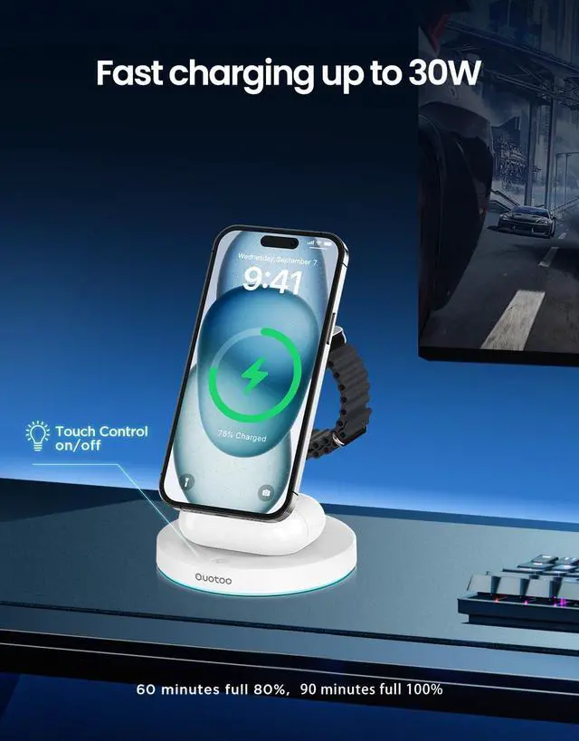 Alt view image 2 of 6 - 3 in 1 Wireless Charging Station for Apple Mag-Safe Charger, 15W Fast Magnetic Mag-Safe Charger Stand for iPhone 15 14 13 12 Series Apple Watch AirPods Multiple Devices,(30W Charger) (White)