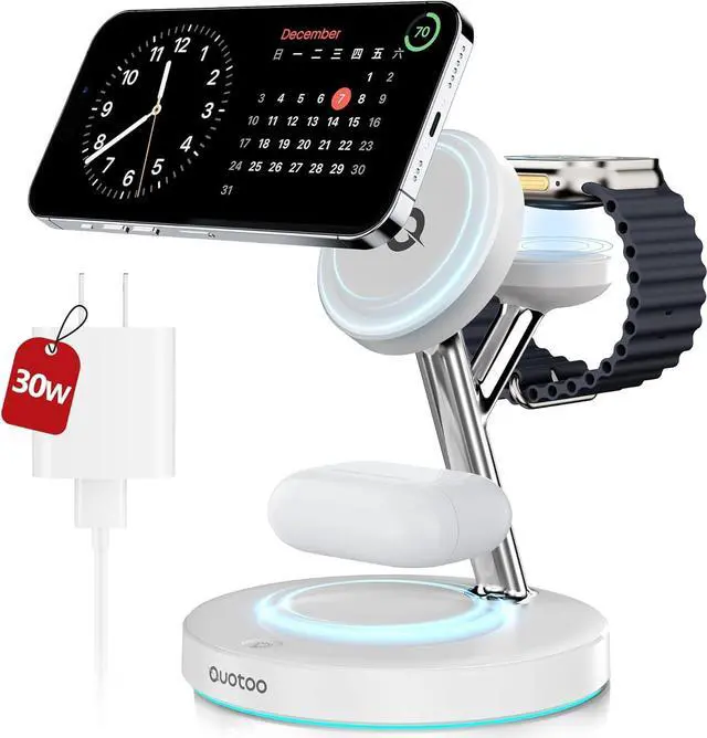 Main image of 3 in 1 Wireless Charging Station for Apple Mag-Safe Charger, 15W Fast Magnetic Mag-Safe Charger Stand for iPhone 15 14 13 12 Series Apple Watch AirPods Multiple Devices,(30W Charger) (White)