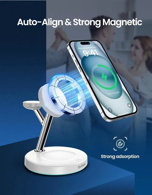 Alt view image 3 of 6 - 3 in 1 Wireless Charging Station for Apple Mag-Safe Charger, 15W Fast Magnetic Mag-Safe Charger Stand for iPhone 15 14 13 12 Series Apple Watch AirPods Multiple Devices,(30W Charger) (White)