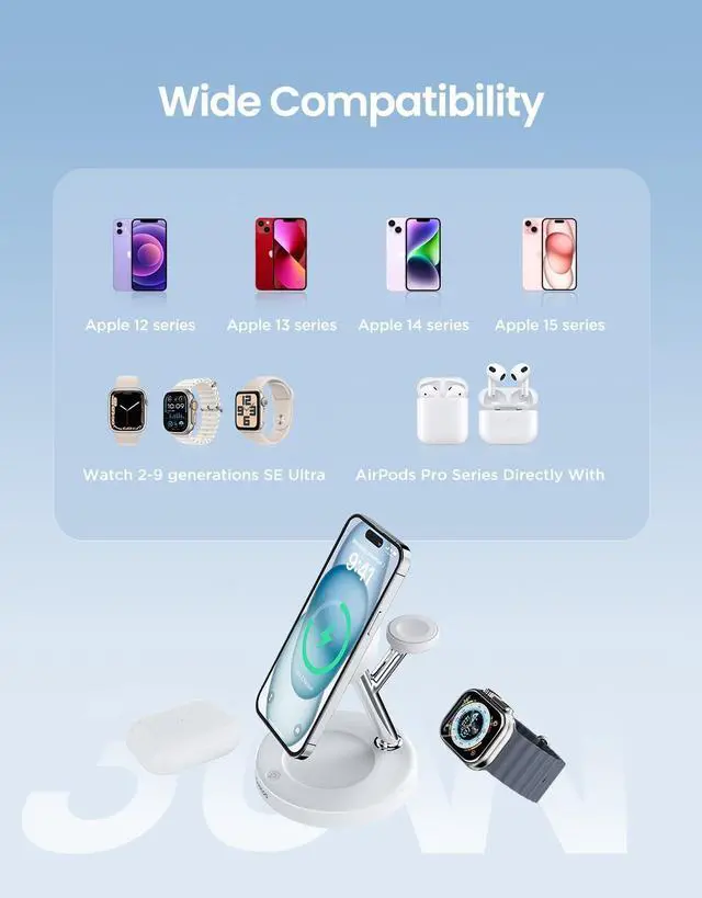 Alt view image 4 of 6 - 3 in 1 Wireless Charging Station for Apple Mag-Safe Charger, 15W Fast Magnetic Mag-Safe Charger Stand for iPhone 15 14 13 12 Series Apple Watch AirPods Multiple Devices,(30W Charger) (White)