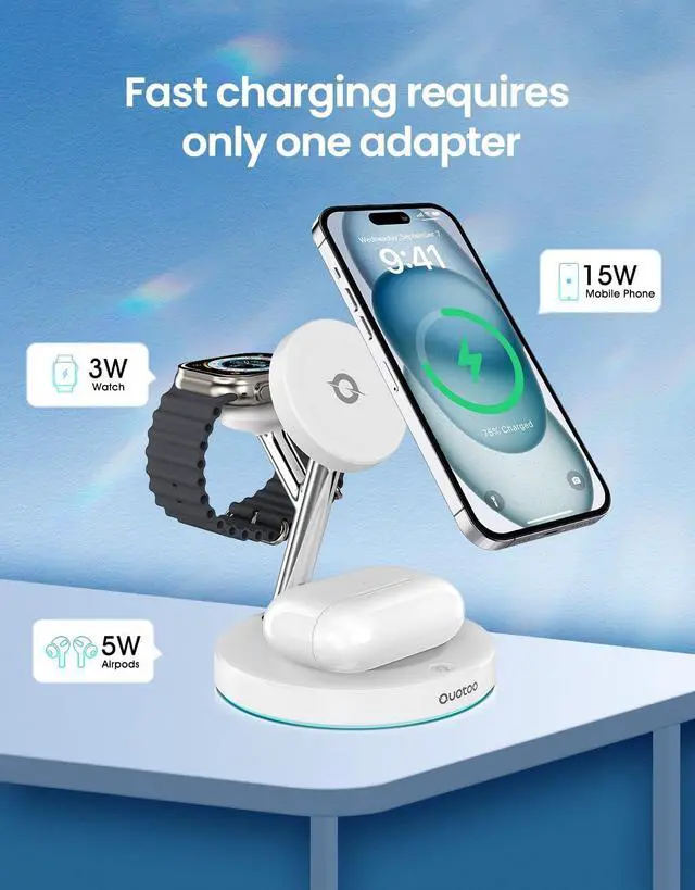 Alt view image 6 of 6 - 3 in 1 Wireless Charging Station for Apple Mag-Safe Charger, 15W Fast Magnetic Mag-Safe Charger Stand for iPhone 15 14 13 12 Series Apple Watch AirPods Multiple Devices,(30W Charger) (White)