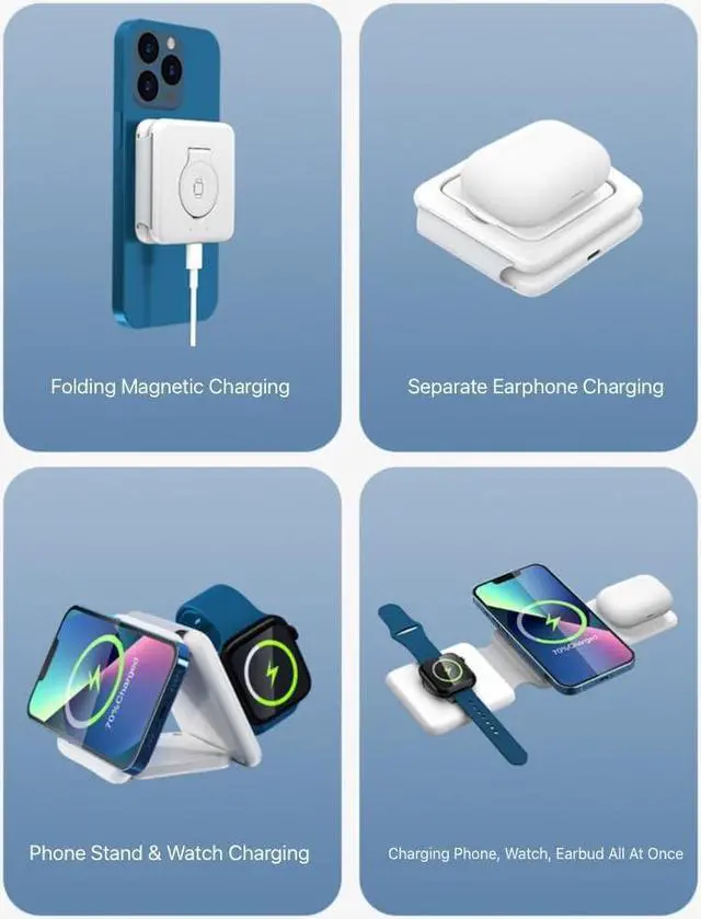 Alt view image 5 of 7 - Wireless Charging Station 3 in 1 Foldable Magnetic 15W Travel Multiple Devices Fast Charger for iPhone 15/14/13/12 Series, AirPods 3/2/Pro/Pro2, iWatch (White)
