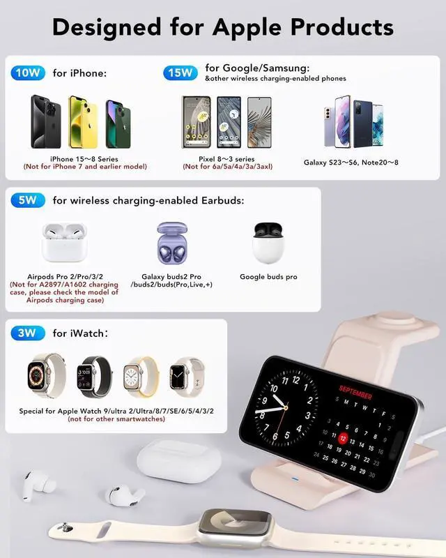 Alt view image 3 of 6 - HATALKIN 3 in 1 Wireless Charging Station Compatible for Apple Products Multiple Devices Apple Watch 9 Ultra 8 7 SE 6 5 4 3 AirPods Pro 2 iPhone 15 14 13 12 11 Pro Max XS 8 Fast Wireless Charger Stand