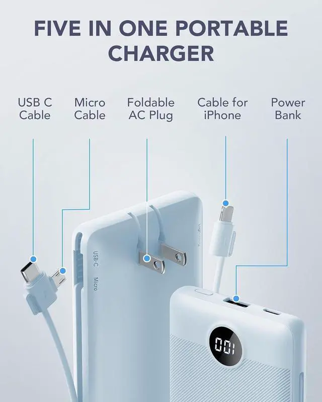 Alt view image 3 of 7 - VRURC Portable Charger Built-in Cables and AC Wall Plug, USB C Power Bank 10000mAh, Travel Essentials Phone Charger Compact Lightweight External Battery Pack for Smart Phones, Tablets etc-Blue